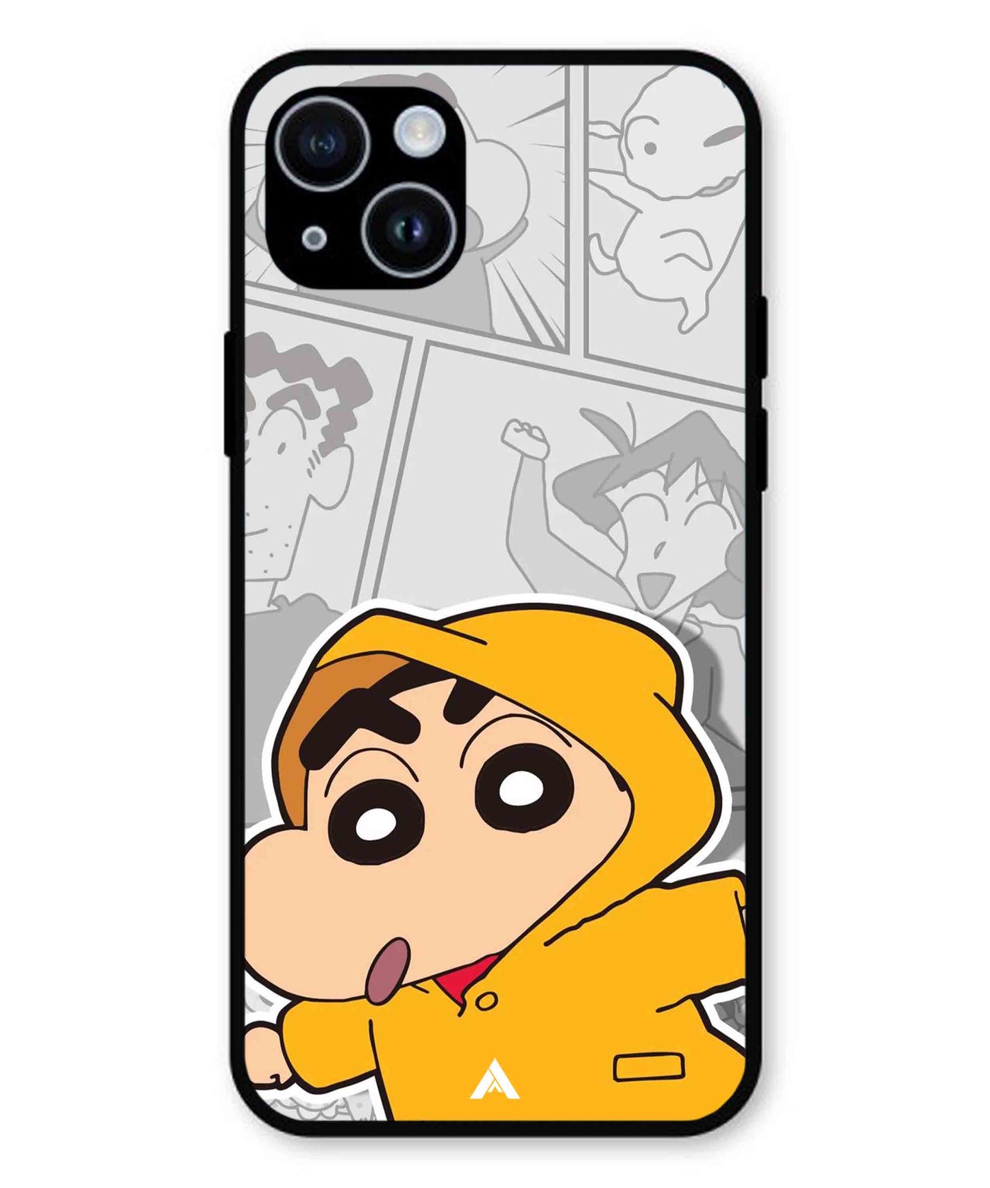 Shinchan Raincoat Metal Back Cover Phone Case for iPhone 15 Plus