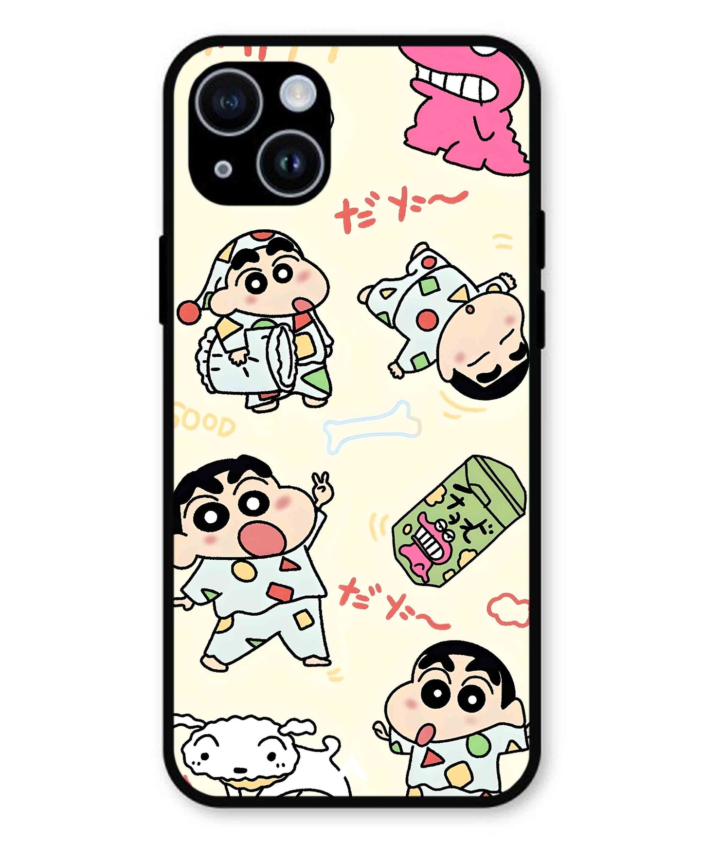 Shinchan Collage Metal Back Cover Phone Case for iPhone 15 Plus