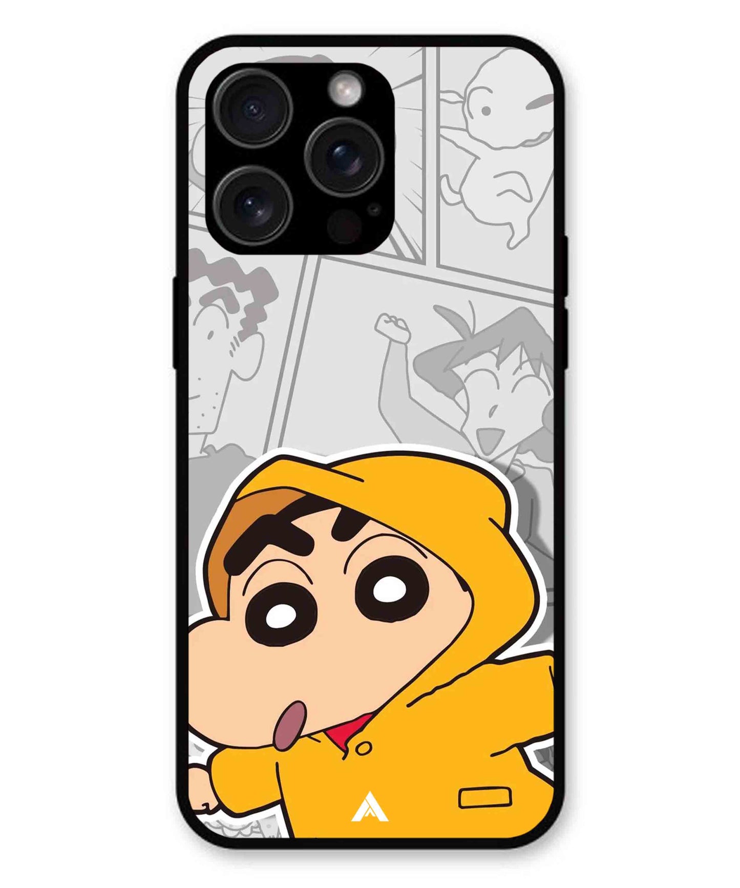 Shinchan Raincoat Metal Back Cover Phone Case for iPhone 15 Pro Max