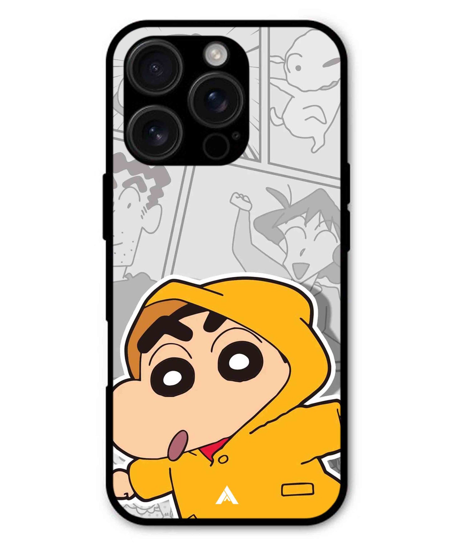 Shinchan Raincoat Metal Back Cover Phone Case for iPhone 16 Pro